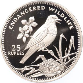 Seychelles 25 Rupees 1993 Magpie Robin silver Proof