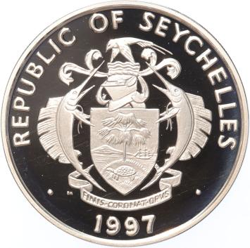 Seychelles 25 Rupees 1997 Princess Diana holding cancer patient silver Proof