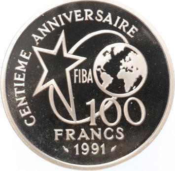 France 100 Francs 1991 Basketball silver Proof