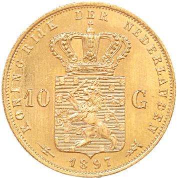 Nederland 10 Gulden goud Wilhelmina lang haar 10 ex.