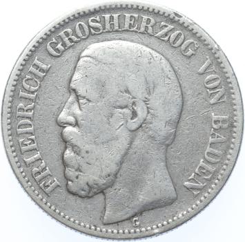German States Baden 2 Mark silver 1876G VF-