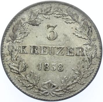 German states Hesse-Darmstadt 3 Kreuzer 1838  silver UNC