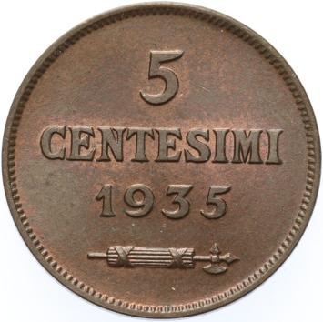 San Marino  5 Centesimi 1935  copper BU