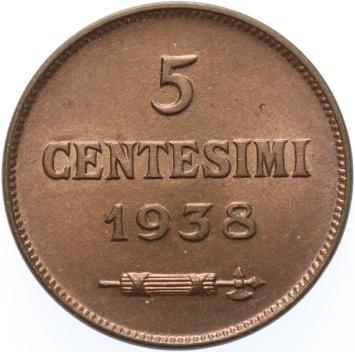 San Marino  5 Centesimi 1938  copper BU