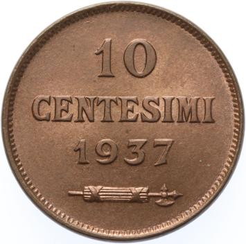 San Marino  10 Centesimi 1937  copper BU