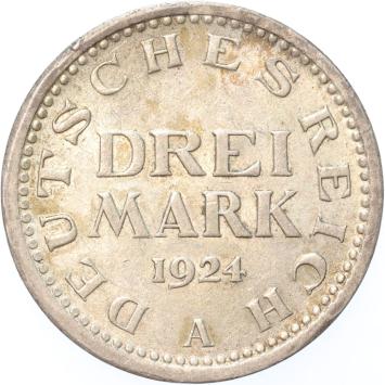 Germany Weimar 3 Mark silver 1924A A.UNC