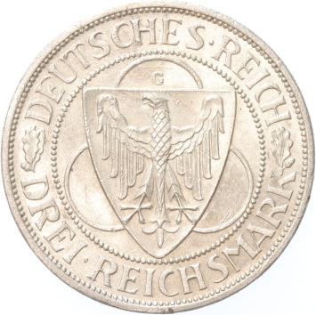 Germany Weimar Rheinland 3 mark 1930 G silver AU