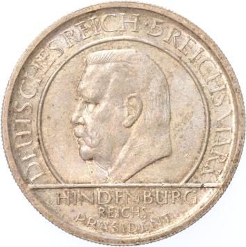 Germany Weimar Hindenburg 5 mark 1929 G silver A.UNC