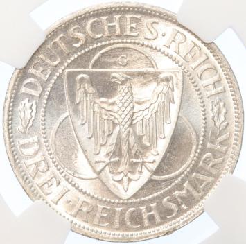 Germany Weimar Rheinland 3 mark 1930 G silver BU