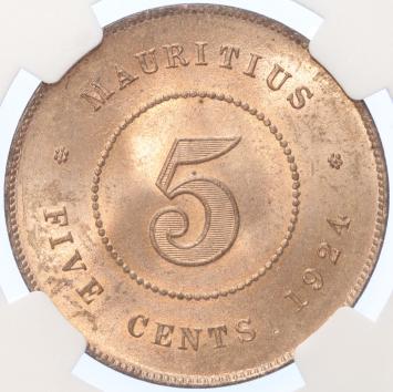 Mauritius  5 cents 1924  copper MS 66 RD