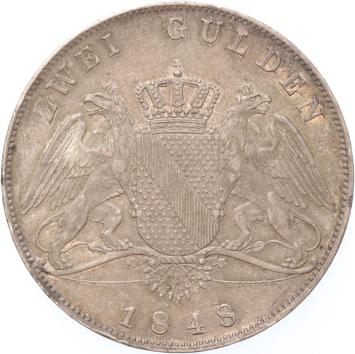German States Baden 2 Gulden silver 1848 XF/AU