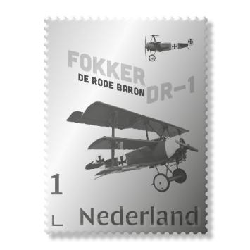 Zilveren postzegel Nederlandse vliegtuigen  Fokker De Rode Baron DR-1