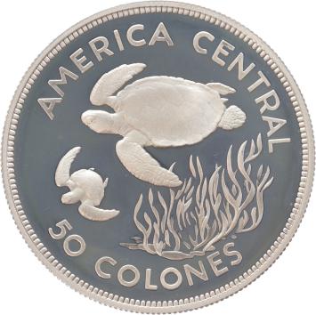 Costa Rica 50 Colones Green Turtle 1974 silver Proof