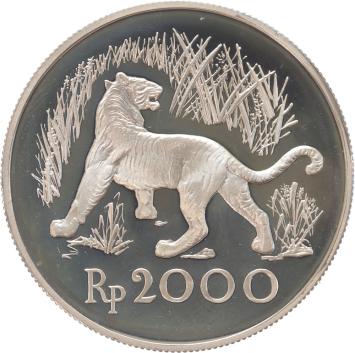 Indonesia 2000 Rupiah Javan Tiger 1974 silver Proof