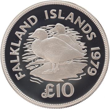 Falkland Islands 10 Pounds Flightless Steamer Ducks 1979 silver Proof
