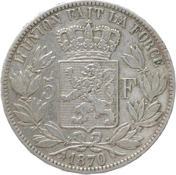 Belgium 5 Francs 1870 silver VF