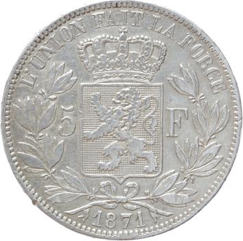 Belgium 5 Francs 1871 silver VF