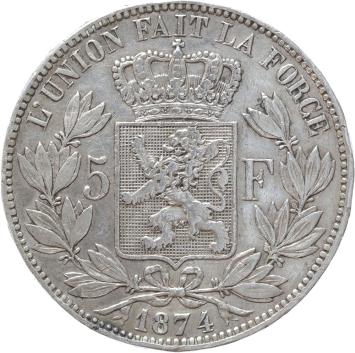 Belgium 5 Francs 1874 silver VF