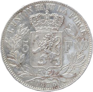 Belgium 5 Francs 1876 silver VF/XF