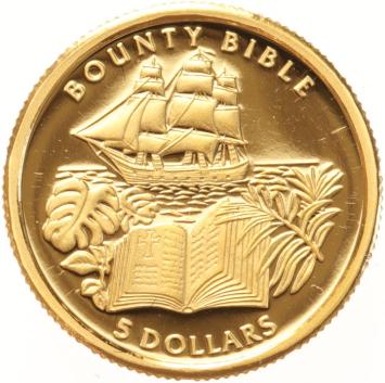 Pitcairn Islands 5 Dollars gold 2005 Bounty Bibel and Ship proof