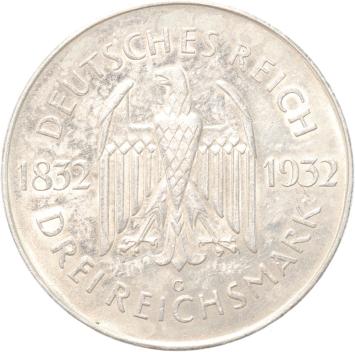 Germany Weimar Goethe 3 Mark silver 1932G UNC