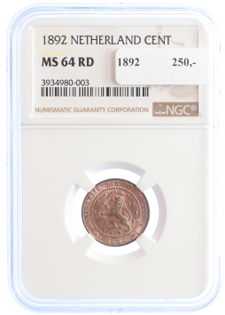 Netherlands Koningin Wilhelmina 1 cent 1892 MS64 RD