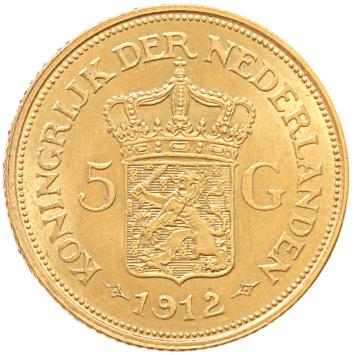 Nederland 5 Gulden goud Wilhelmina 10 ex.