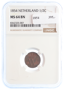 Netherlands Koning Willem III 1/2 cent 1854 MS64 BN