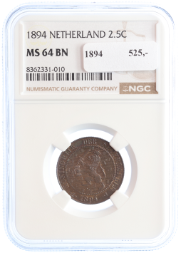 Netherlands Koningin Wilhelmina 2 1/2 cent 1894 MS64 BN