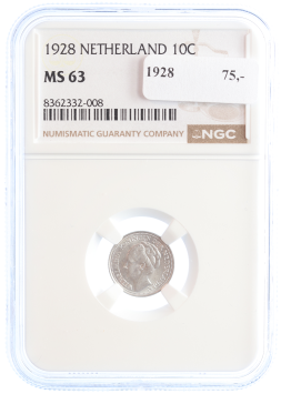 Netherlands Koningin Wilhelmina 10 cent 1928 MS63