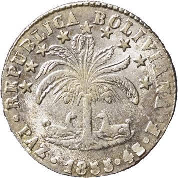 Bolivia  4 Soles 1855 PAZ F silver BU