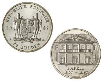 30 Gulden 1987 30 jaar Centrale Bank Suriname BU