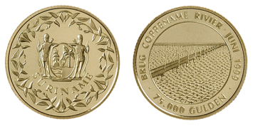 75.000 Gulden 1999 Brug Coppename rivier Suriname Proof