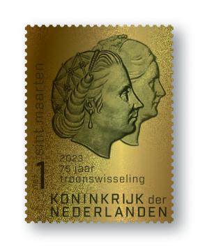 Sint Maarten Gouden postzegel 75 jaar Troonswisseling Wilhelmina/Juliana