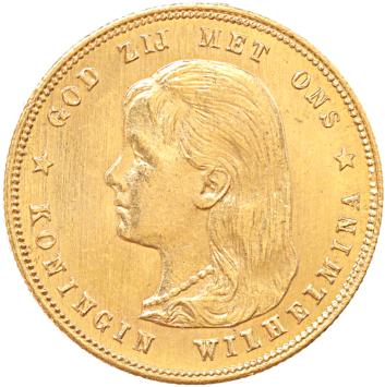 Nederland 10 Gulden goud Wilhelmina lang haar 50 ex.