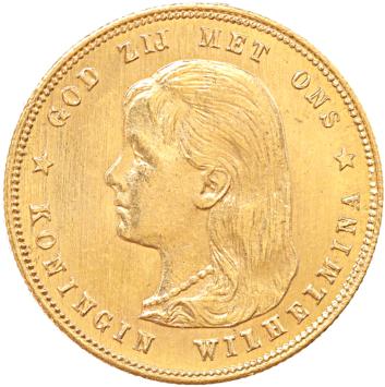 Nederland 10 Gulden goud Wilhelmina lang haar