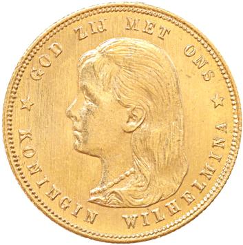 Nederland 10 Gulden goud Wilhelmina lang haar 10 ex.