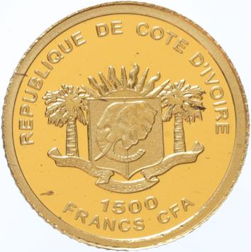 Ivory Coast 100 Francs gold 2007 Justitia proof