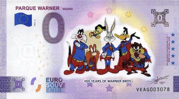 0 Euro biljet Spanje 2023 - Parque Warner 100 years Warner bros KLEUR