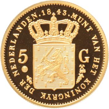 Replica van de Gouden  5 Gulden 1843 Koning Willem II in Goud 